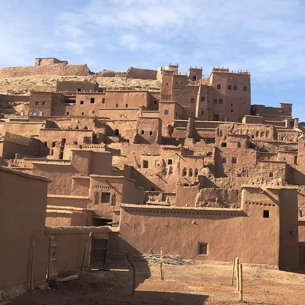 Traditional earthen kasbah village in southern Morocco