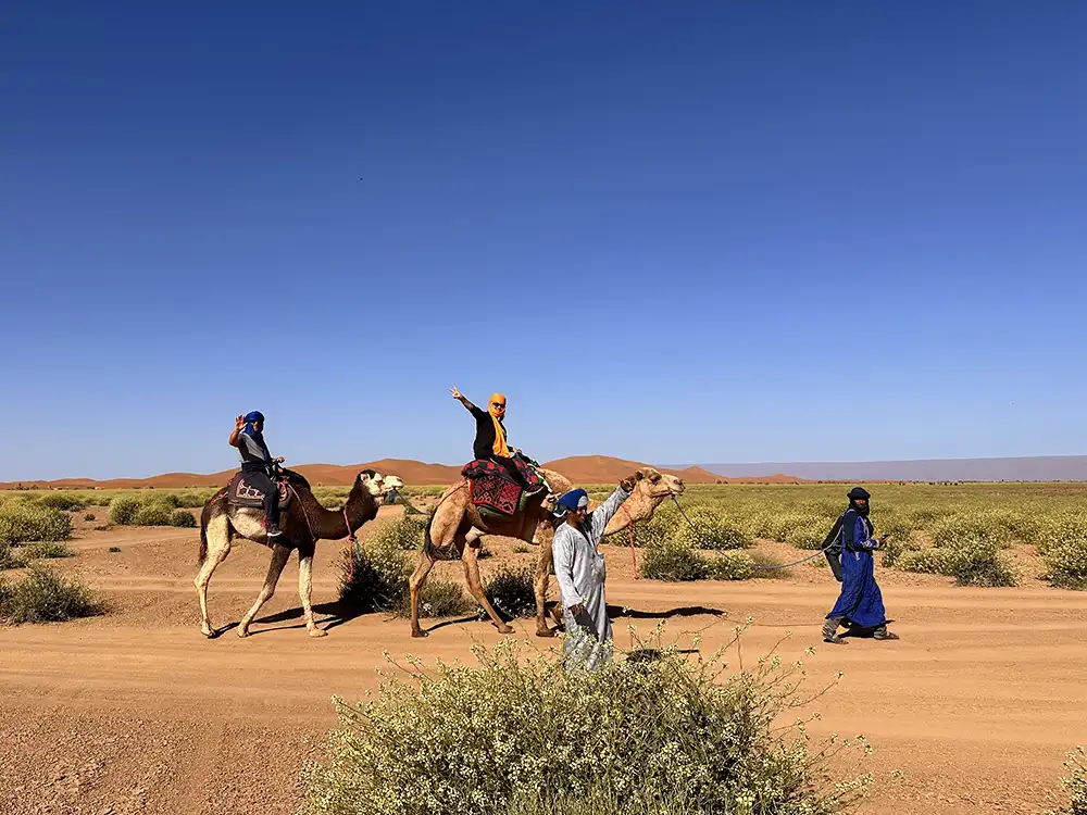 Camel trek through the Sahara desert during an Erg Chigaga tour